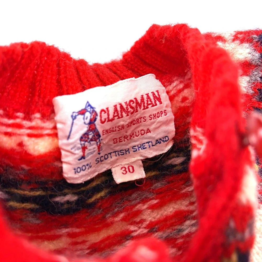 VTG Clansman 100% Shetland Wool Childrens Sweater‎ 10/30 Red Navy Blue Fair Isle